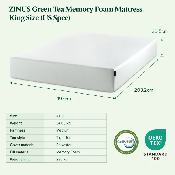 ZINUS Green Tea Memory Foam Mattress, Twin (US Spec), Fiberglass free, Medium Firm Feel, Zoned Pressure Relief, Certified Safe Foams & Fabric, Mattress in A Box
