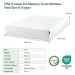 ZINUS Green Tea Memory Foam Mattress, Twin (US Spec), Fiberglass free, Medium Firm Feel, Zoned Pressure Relief, Certified Safe Foams & Fabric, Mattress in A Box