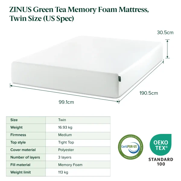 ZINUS Green Tea Memory Foam Mattress, Twin (US Spec), Fiberglass free, Medium Firm Feel, Zoned Pressure Relief, Certified Safe Foams & Fabric, Mattress in A Box
