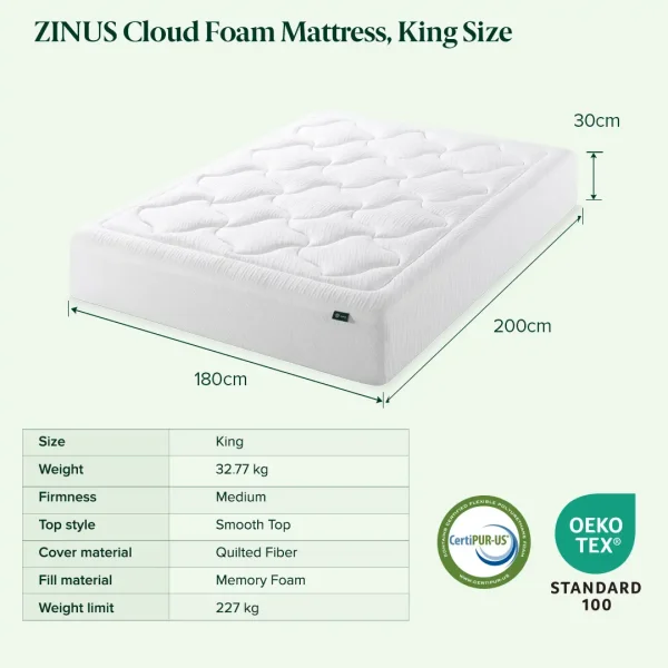ZINUS 30cm Cloud Foam Mattress & Leah Bamboo Bed Frame